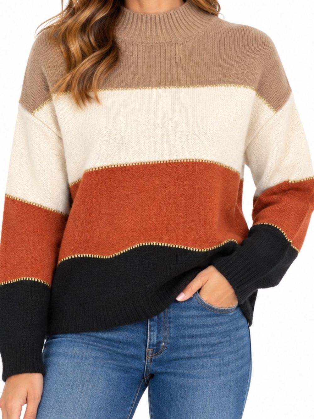NWT H Halston Colorblock Metallic Stripe Mock Neck Sweater Size M